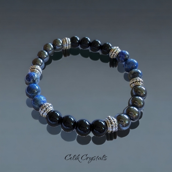 Lapis Lazuli & Hematite Men's Bracelet Natural Stones 8mm Stretches - Picture 4 of 5